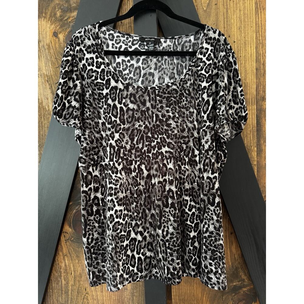 Style & Co Woman Plus Size 2X Babydoll Cottagecore SS Leopard Top Blouse